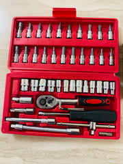 46 pcs Socket Wrench Set 1/4'Drive Metric Mechanic Tools Kit Bit Ratchet Sockets with Extension Bar for Automotive, Car, Bike, Household and Auto Repairing with Storage Case